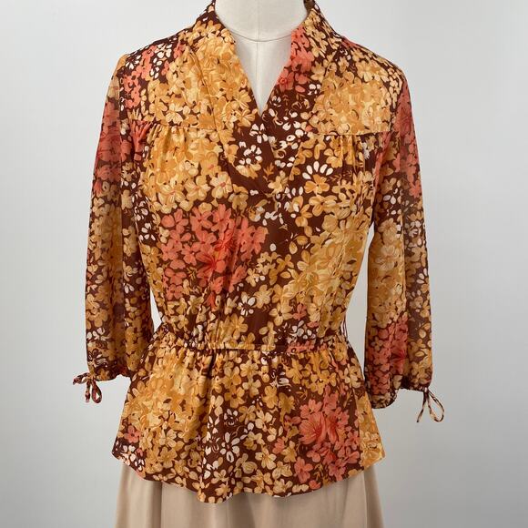 Vintage 70s Floral Print Dress Layered Peplum Bodice Fit & Flare Blouson XS - Picture 3 of 10